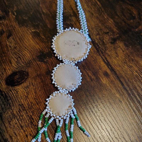 Native American Beaded Necklace - Leather backing - 16 1/2" long - Picture 4 of 4